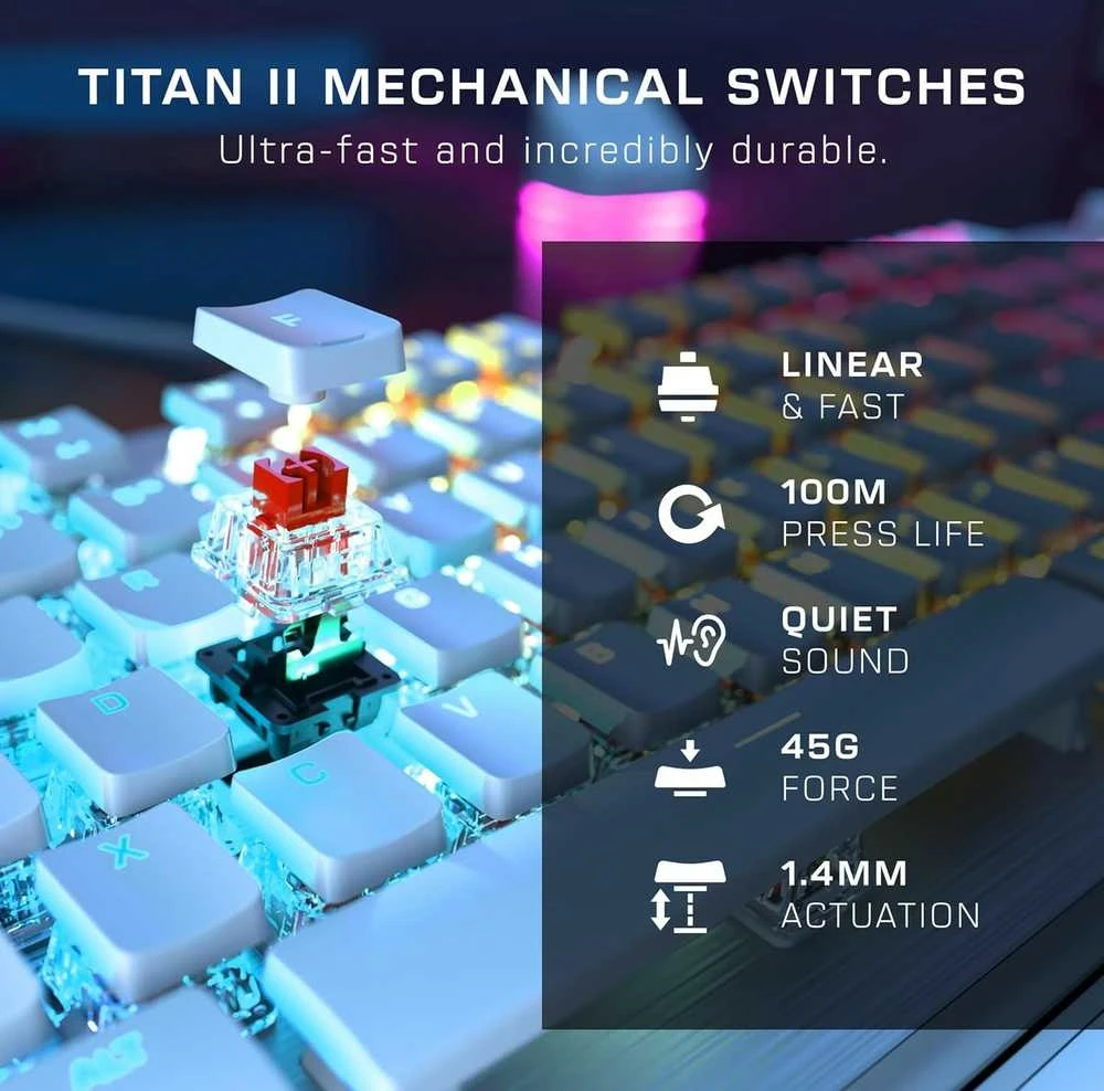 Turtle Beach Vulcan II RGB 100% balta laidinė mechaninė klaviatūra (Titan II Raudona switch, US)