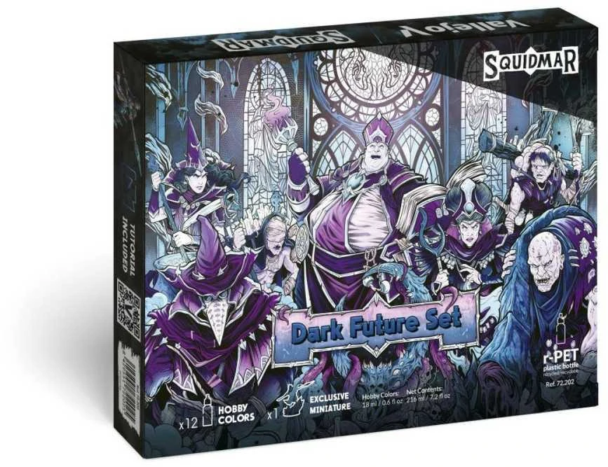 „Vallejo“ – žaidimo spalvų rinkinys / 12 spalvų + figūrėlė – „Dark Future“, gamintojas „Squidmar Miniatures“, 18 ml