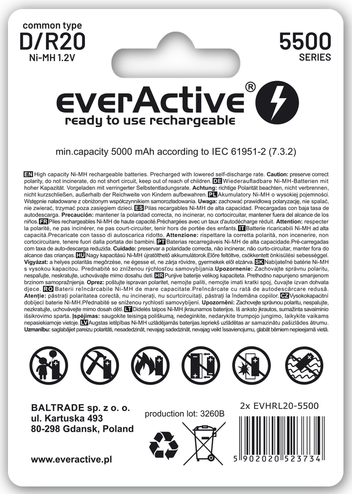 Akumuliatorius everActive R20 / D NiMH 1,2V 5500 mAh paruoštas naudoti 2B