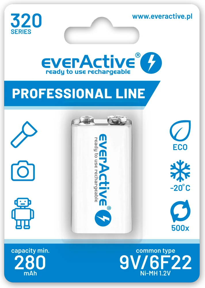 everActive Professional paruoštas naudojimui 9V 320mAh akumuliatorius, 1 vnt.