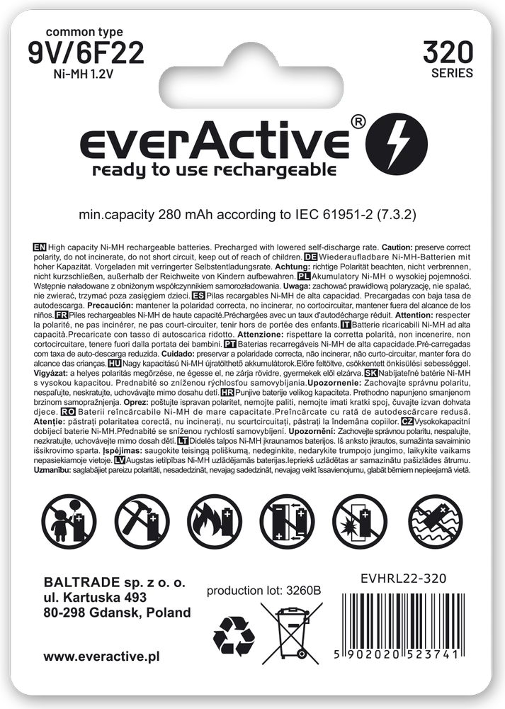everActive Professional paruoštas naudojimui 9V 320mAh akumuliatorius, 1 vnt.