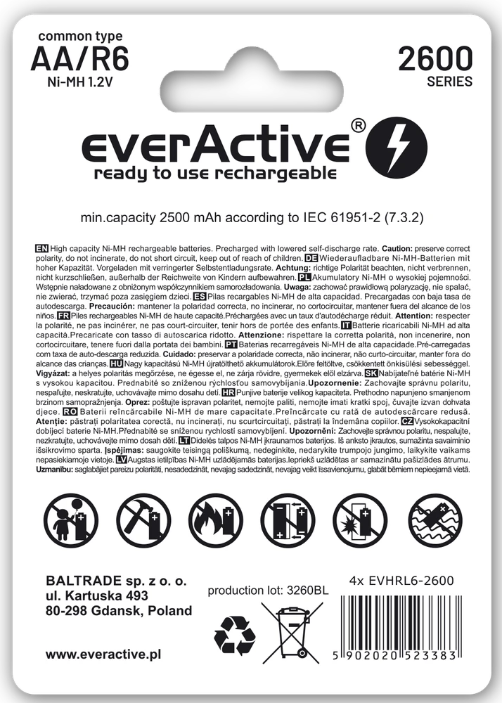 Baterijos everActive AA/R06 1,2V / 2500mAh / NiMh (pakraunami) 4 vnt.