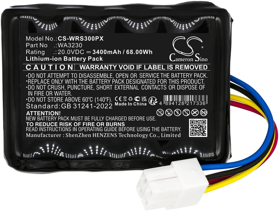 Cameron Sino Technology Worx Landroid S300 S3000i S450i S500i LS700i WA3230 WA3231 20V 3400mAh ličio jonų akumuliatorius, skirtas Worx Landroid S300 S3000i S450i S500i LS700i WA3230 WA3231