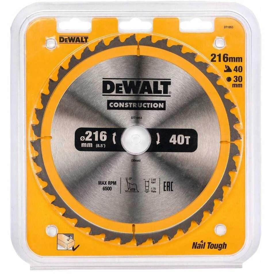Pjovimo diskas medienai DeWalt; 216x2,6x30,0 mm; Z40; -5°