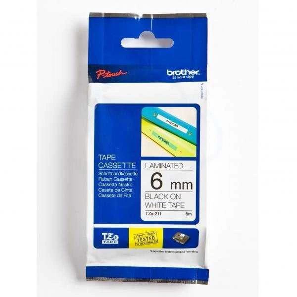 Brother | TZe-211 Laminated Tape | Juodas on Baltas | TZe | 8 m | 6 cm
