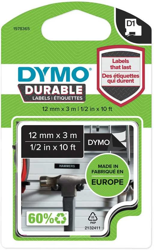 DYMO D1 Durable - Baltas on Juodas - 12mm etikečių juostelė Balta ant juodo
