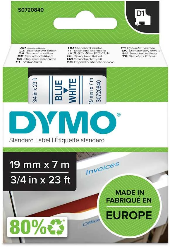 DYMO D1 Standard - Mėlyna on Baltas - 19mm etikečių juostelė Mėlyna ant balto paviršiaus