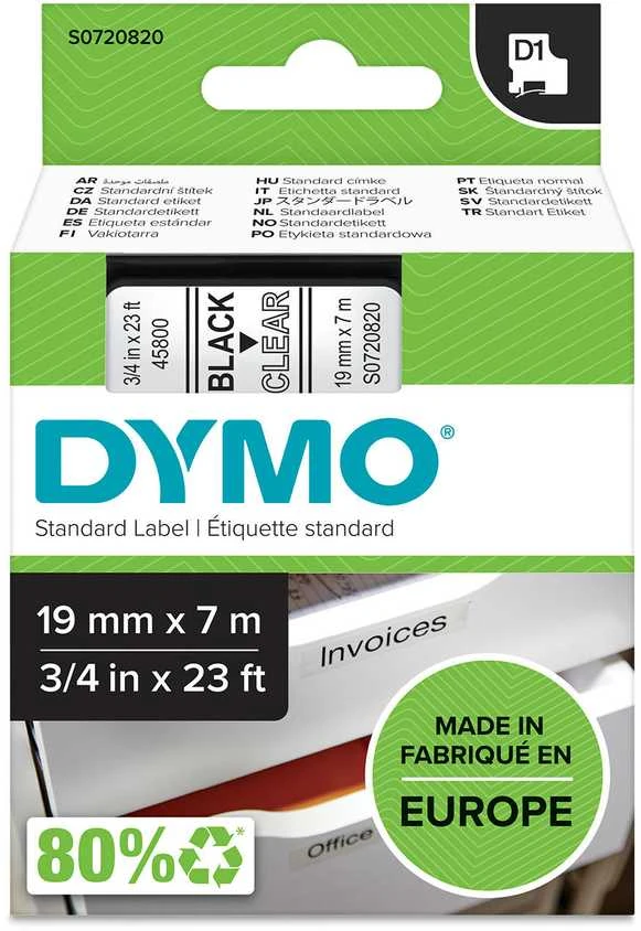 D1, žymėjimo juosta, 19mm, juodas tekstas ant skaidrios juostos, 7m - 45809 DYMO / S0720820