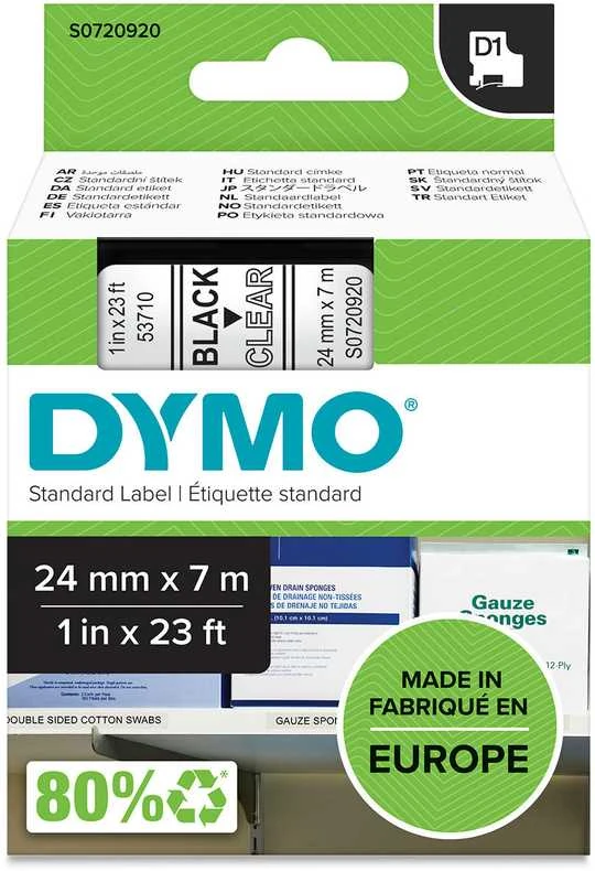 DYMO D1 Standard - Juodas on Transparent - 24mm etikečių juostelė Juoda ant skaidrios