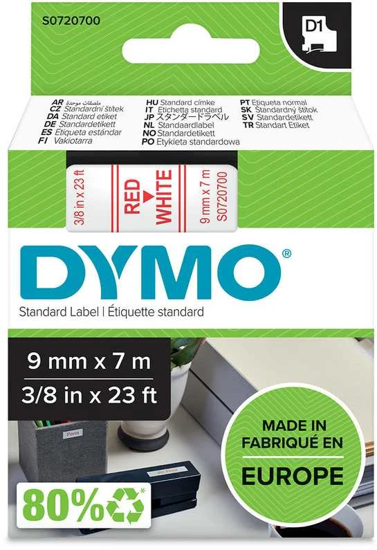 DYMO D1 Juostelė 9mm x 7m / raudonas ant baltos (40915 / S0720700)