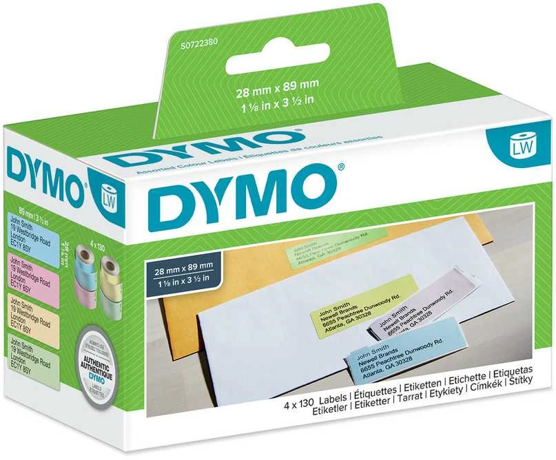 DYMO S0722380 Etiketės spalvotos 89 x 28mm (4x130vnt): geltona, mėlynas, rausva, žalia