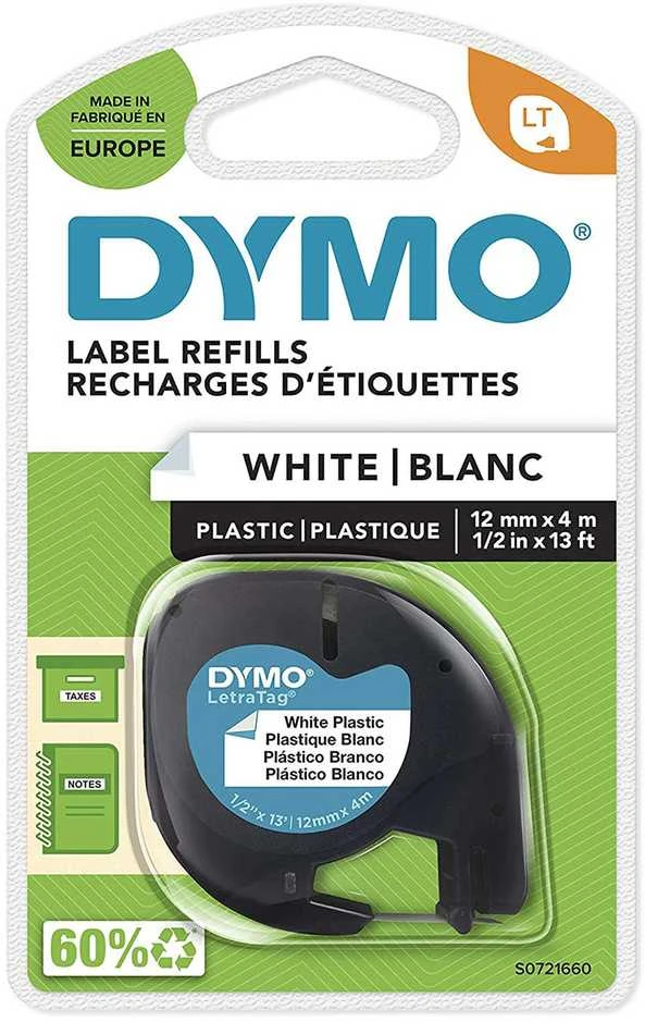 DYMO LetraTag Plastikinė Juostelė 12mm x 4m / juodas ant baltos (S0721560 / S0721660) – 10 vnt.