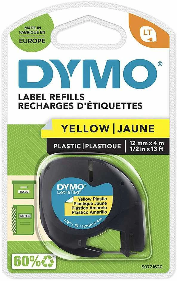 DYMO LetraTag Plastikinė Juostelė 12mm x 4m / juodas ant geltonos (S0721570 / S0721620) – 10 vnt.
