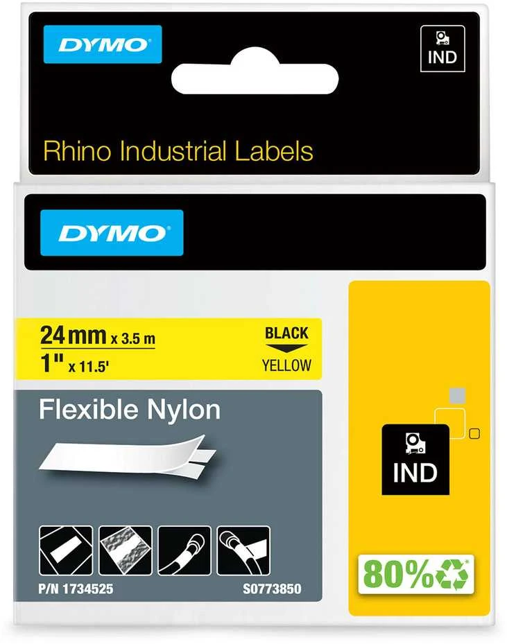 Rhino Professional, žymėjimo lankstaus nailono juosta, 24 mm, juodas tekstas ant geltonos juostos, 3,5 m DYMO / 1734525