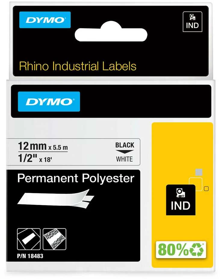 Pelė Dymo Juostelė Rhino 12mmx5.5m, polesterio permanentinė, Juodai ant balto