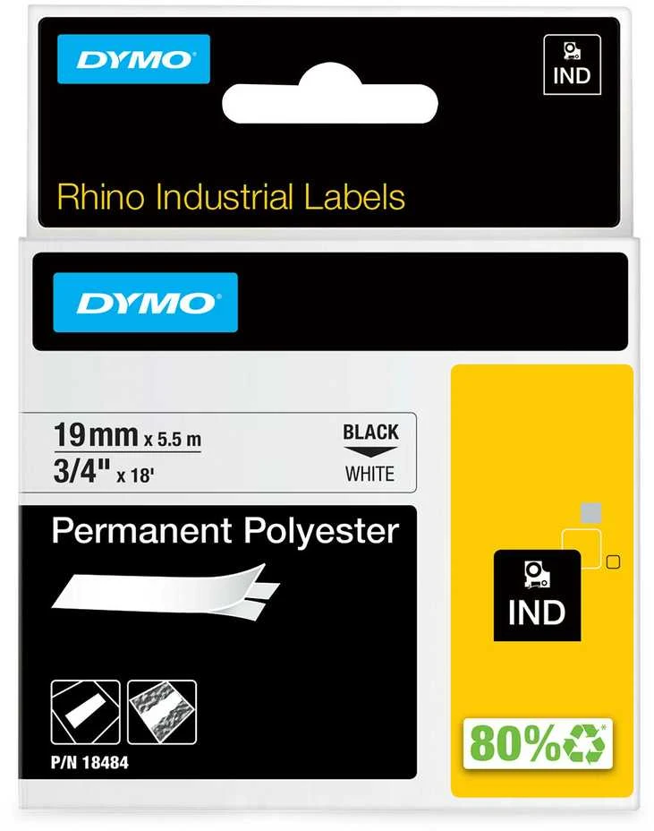 Juostelė DYMO Rhino 19 mm x 5.5 m, ilgalaikis poliesteris, juodas šriftas baltame fone