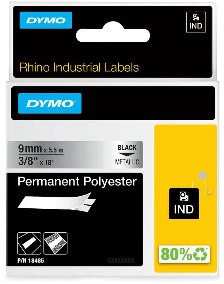 DYMO Rhino Poliesterio Juostelė 9mm x 5.5m / juodas ant metalizuotos (18485)