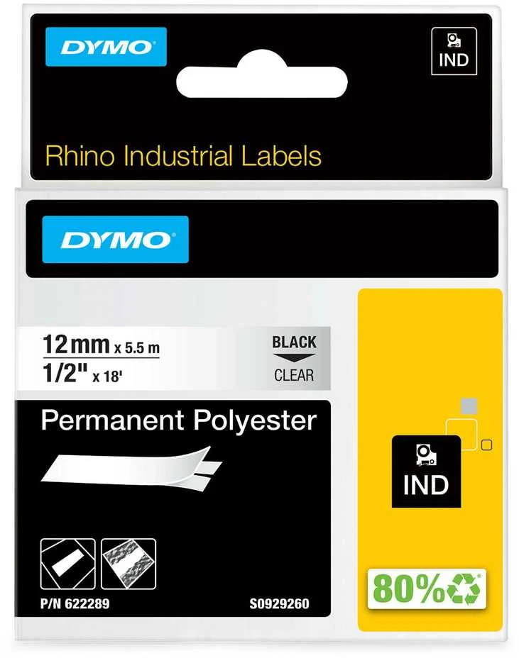 DYMO 622289 RHINO Poliesterio Juostelė 12mm x5,5m (skaidri / juodas šifras)