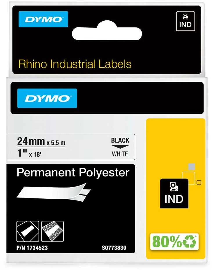 Rhino Professional, žymėjimo permanentinė poliesterio juosta, 24 mm, juodas tekstas ant baltos juostos, 5,5 m DYMO / 1734523