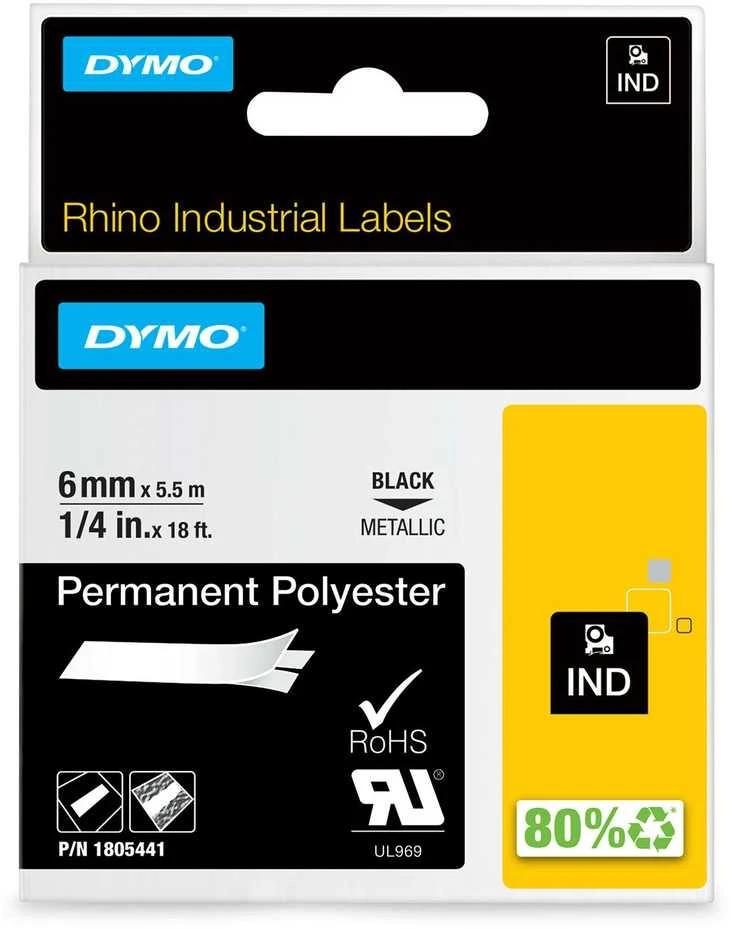 DYMO Rhino Professional, poliesterio juosta, 6 mm, juodas tekstas ant metalinės juostos, 5,5 m 1805441