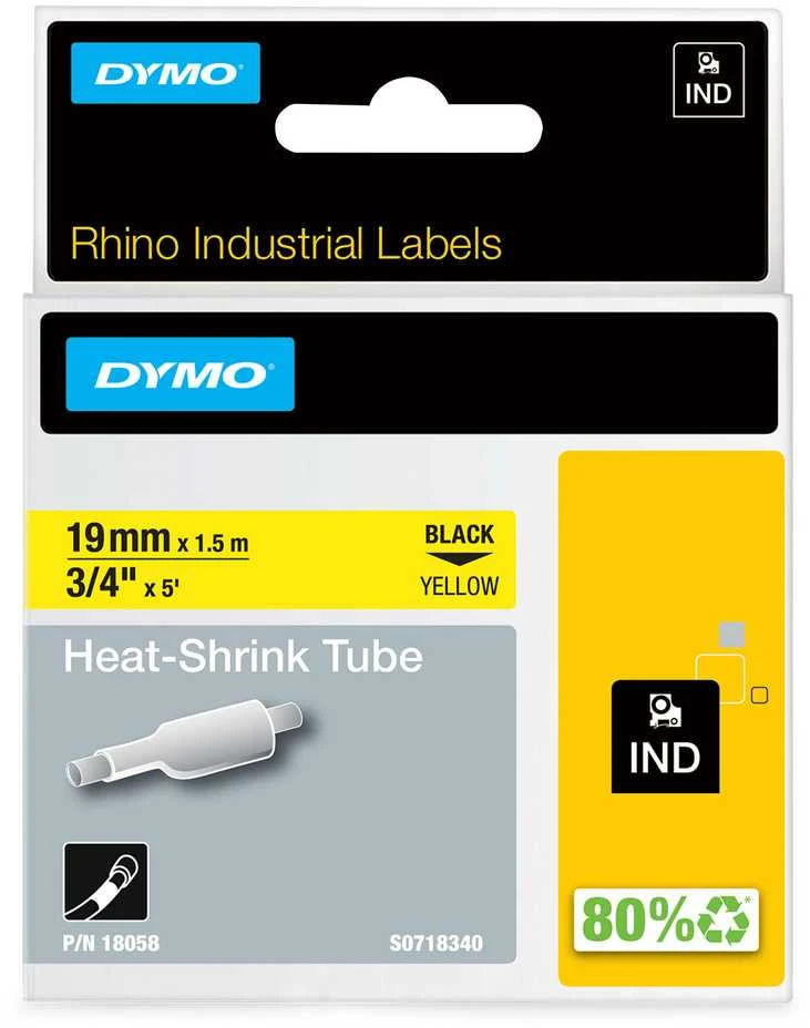 DYMO Rhino Professional, pastebimai susitraukiantis vamzdelis, 19x1,5 mm, juodas tekstas ant geltonos žarnos, 1,5 m, 18058