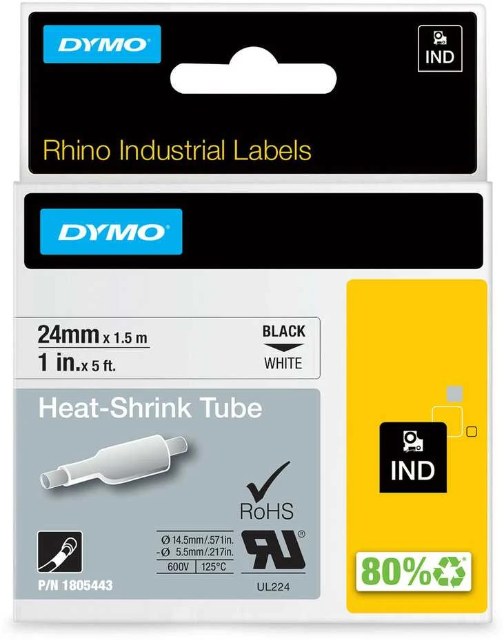 DYMO Rhino Professional, shrink tubing, 24mm, juodas text on baltas, 1.5m 1805443