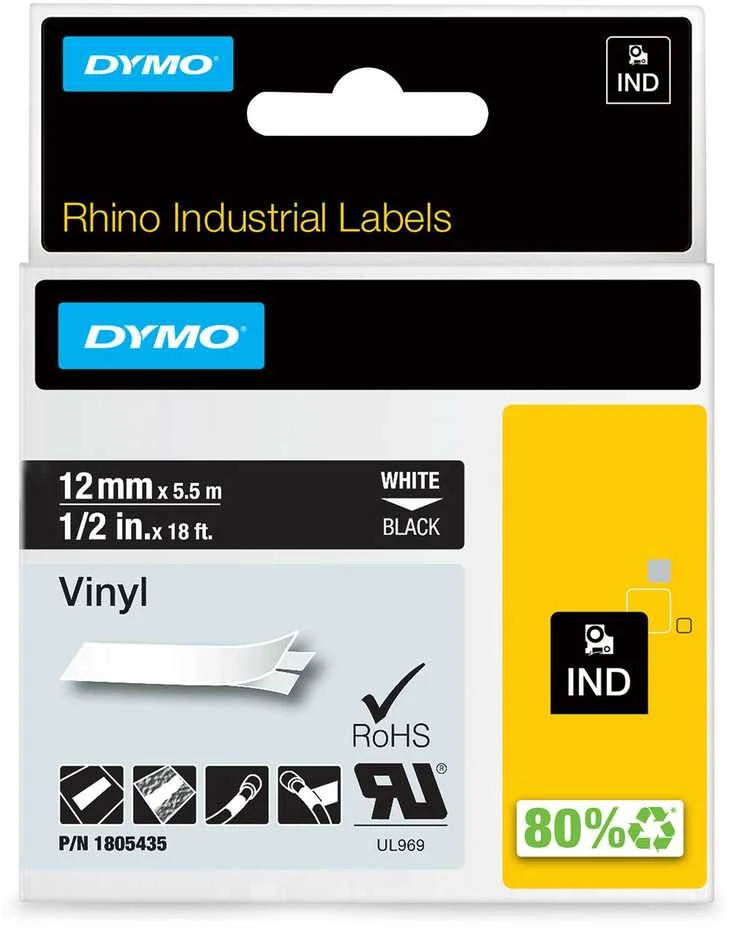 DYMO Rhino Professional, pastebima nuolatinė vinilo juosta, 12mm, baltas tekstas ant juodos juostos, 5,5m 1805435