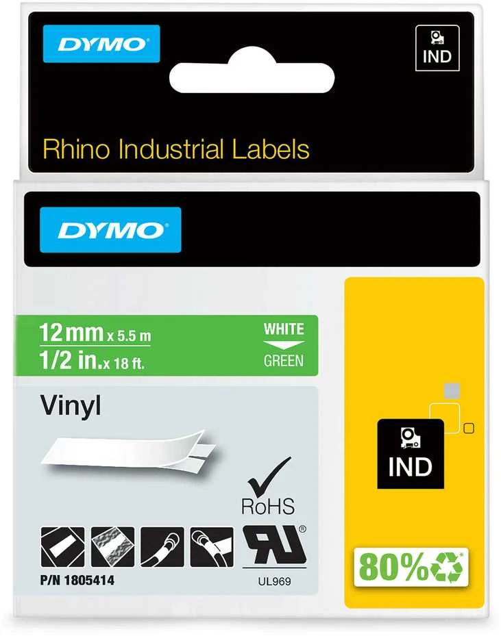 Rhino Professional. žymėjimo juosta, 12mm, baltas tekstas ant žalios juostos, 5,5 m DYMO / 1805414