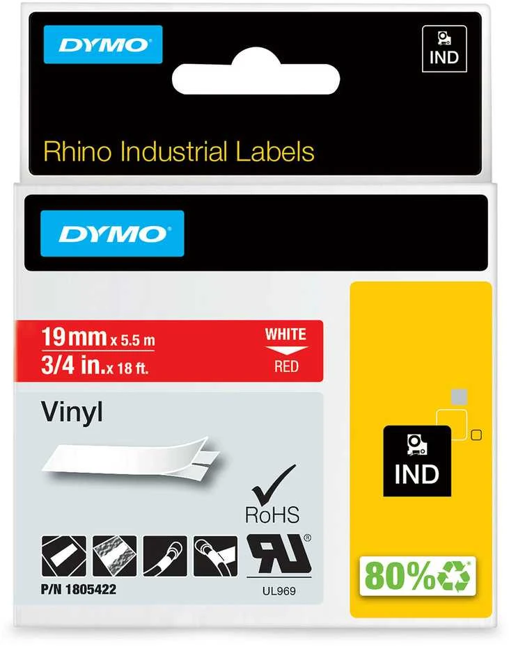 DYMO Rhino Vinilinė Juostelė 19mm x 5.5m / baltas ant raudonos (1805422)