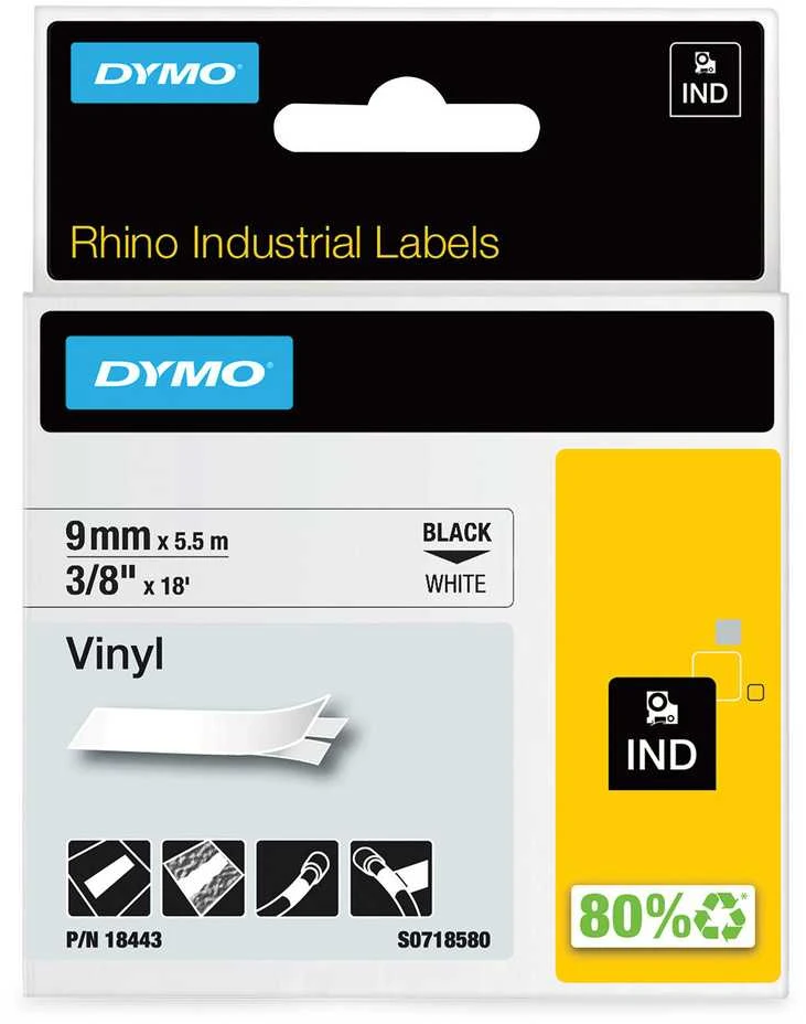 Dymo Vinilinė juostelė RHINO 9MMx5.5M, JUODA/BALTA