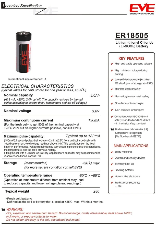 EVE ER18505S 3,6 V 4000 mAh ličio akumuliatorius - A, LiSOCl2, LS17500, XL-100F, ER17500V, ER17/50