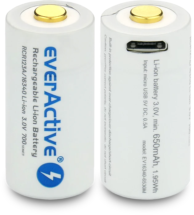 everActive USB įkraunamas RCR123A 16340 3,0V 700mAh akumuliatorius su PCM