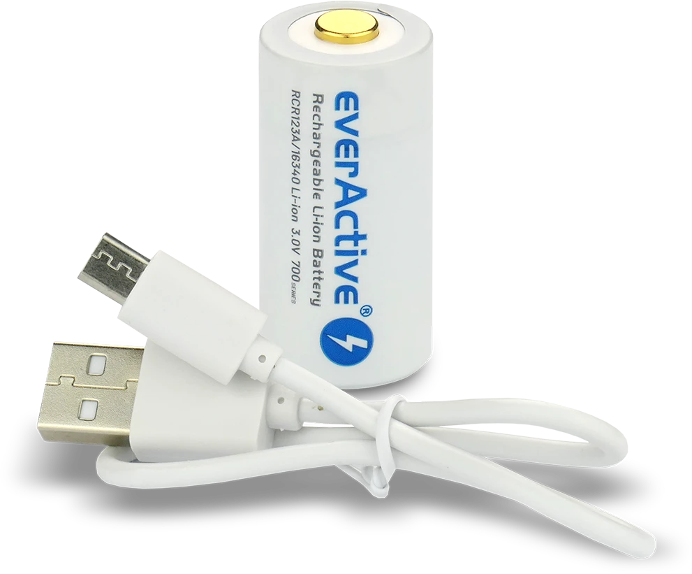everActive USB įkraunamas RCR123A 16340 3,0V 700mAh akumuliatorius su PCM