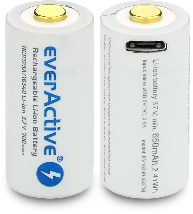 everActive USB įkraunamas RCR123A 16340 3,7V 700mAh akumuliatorius su PCM