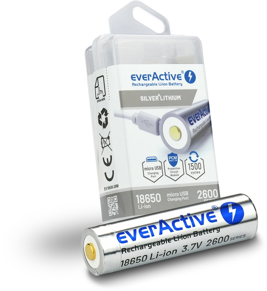 everActive USB įkraunamas 18650 3,7V 2600mAh akumuliatorius su PCM