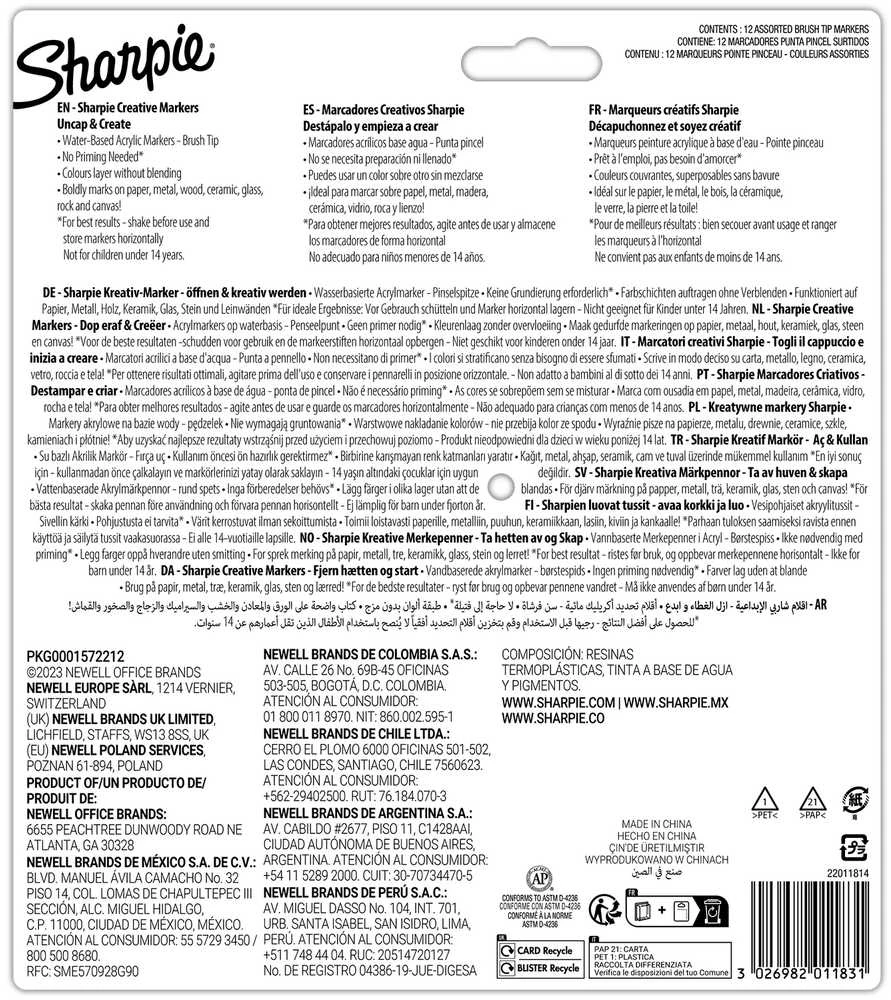 Kūrybiški Sharpie akriliniai žymekliai pagrindinių spalvų (kūginis galiukas) 12 vnt. - 2201183