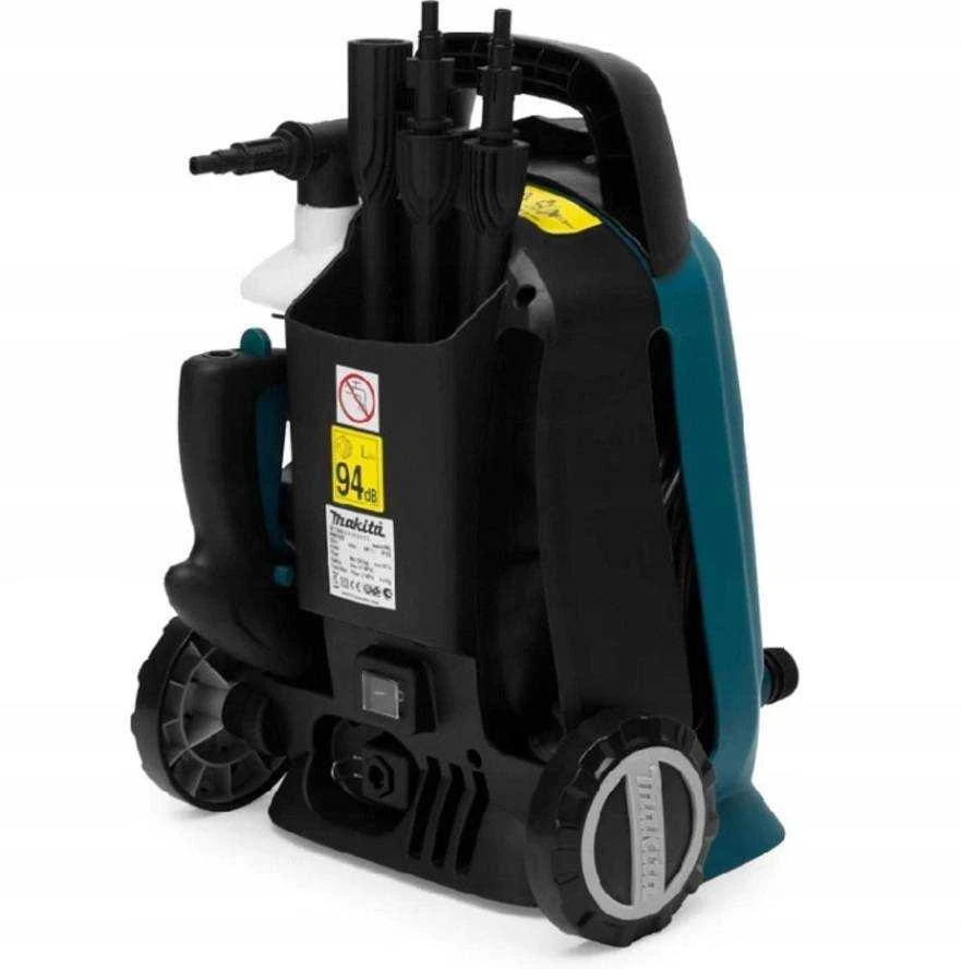 Makita HW102 plovimo mašina: galinis vaizdas su priedais