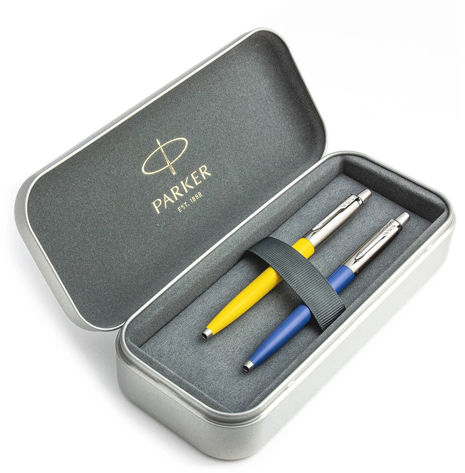 Parker Jotter Originals Geltona ir Mėlyna Tušinukų dovanų rinkinys su metaliniu dėklu