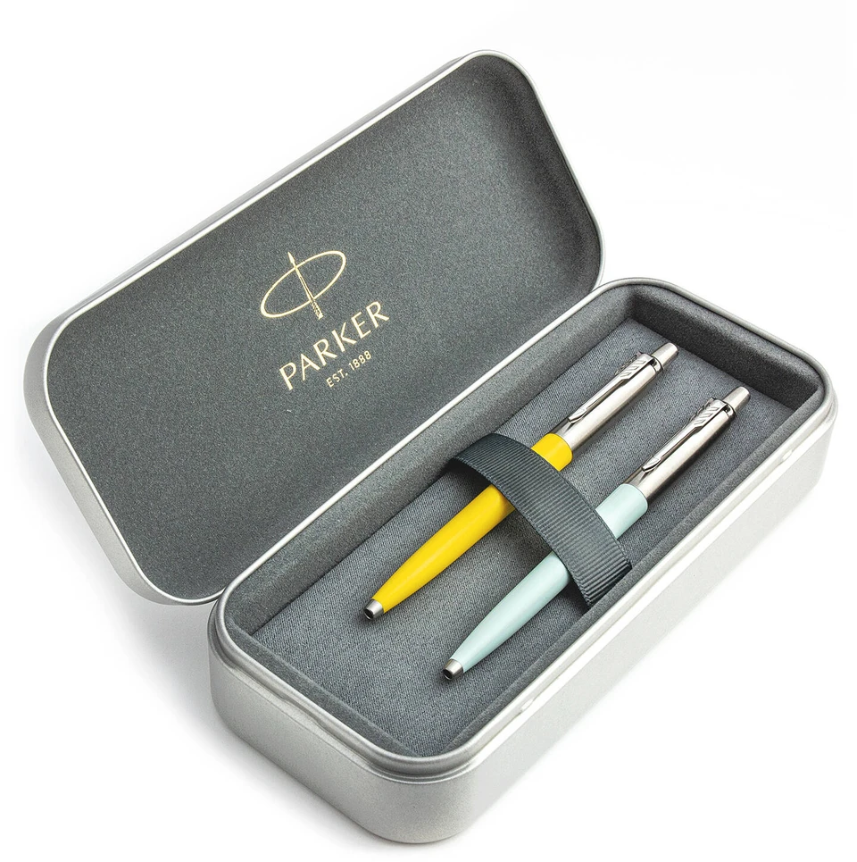 Parker Jotter Originals Geltona ir Pastel Mėlyna Tušinukų dovanų rinkinys su metaliniu dėklu