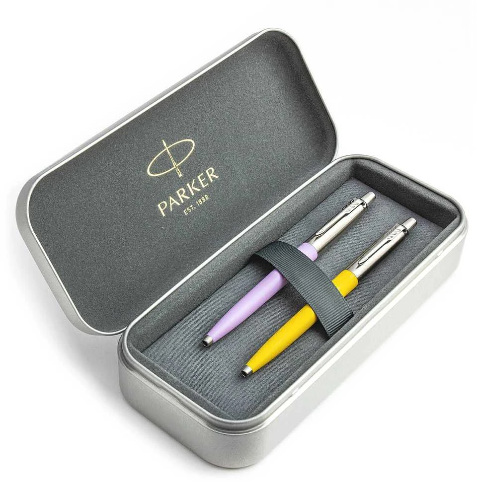 Parker Jotter Originals Lilac ir Geltona Tušinukų dovanų rinkinys su metaliniu dėklu