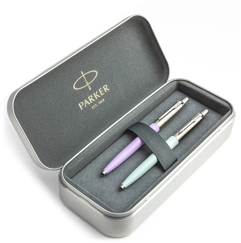 Parker Jotter Originals Lilac ir Pastel Mėlyna Tušinukų dovanų rinkinys su metaliniu dėklu