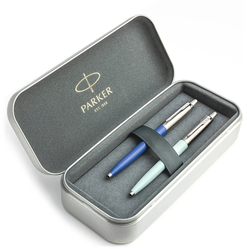 Parker Jotter Originals Mėlyna ir Pastel Mėlyna Tušinukų dovanų rinkinys su metaliniu dėklu