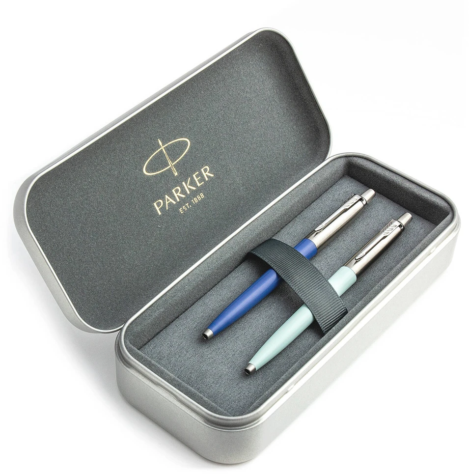 Parker Jotter Originals Mėlyna ir Pastel Mėlyna Tušinukų dovanų rinkinys su metaliniu dėklu