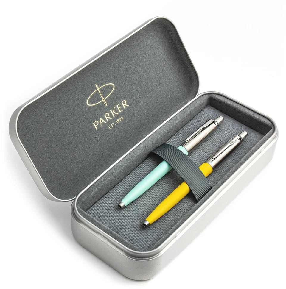 Parker Jotter Originals Mint ir Geltona Tušinukų dovanų rinkinys su metaliniu dėklu