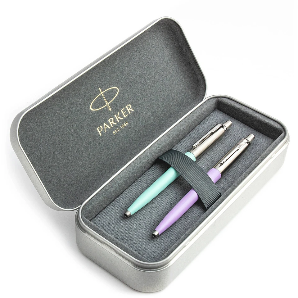 Parker Jotter Originals Mint ir Lilac Tušinukų dovanų rinkinys su metaliniu dėklu
