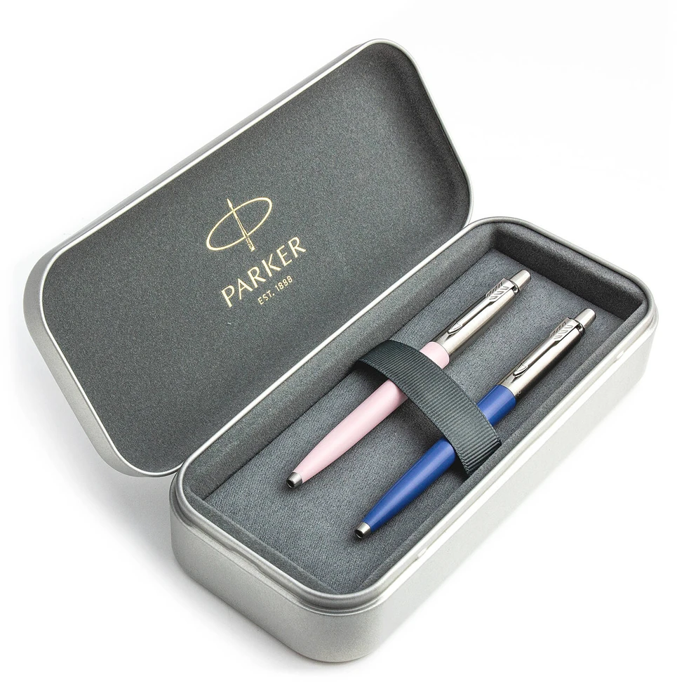 Parker Jotter Originals Rožinė ir Mėlyna Tušinukų dovanų rinkinys su metaliniu dėklu