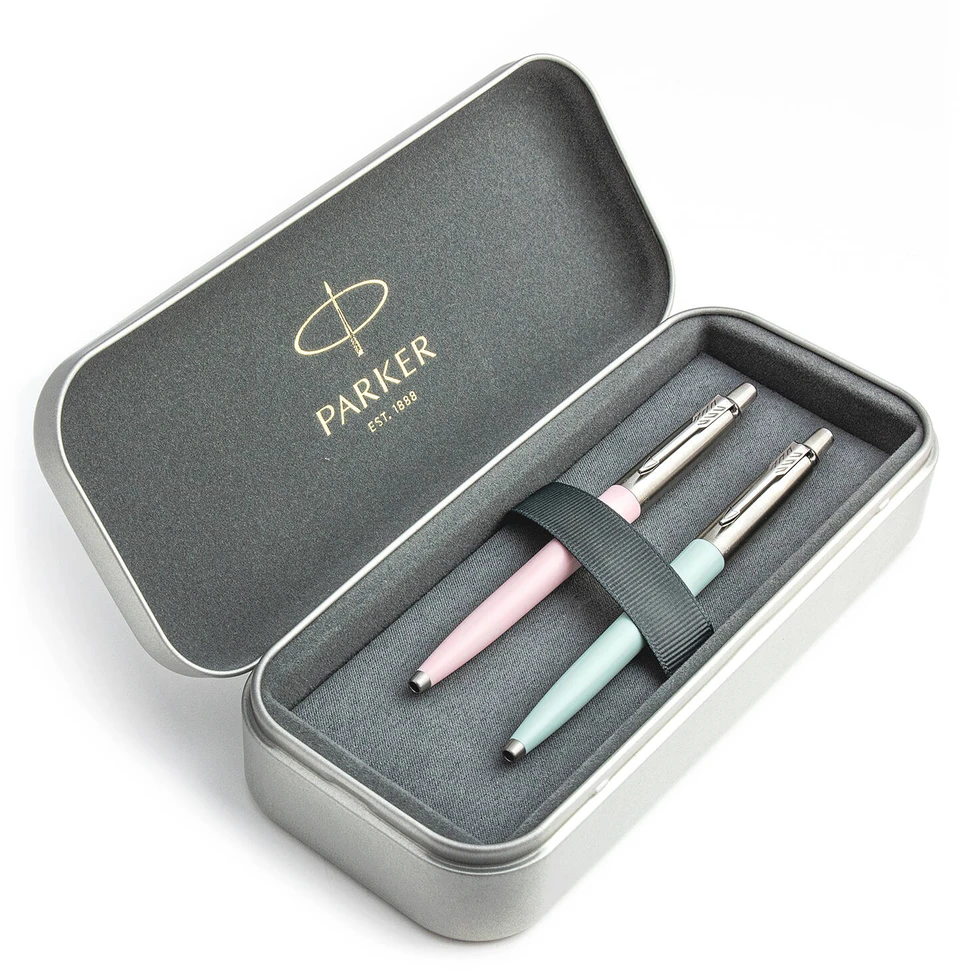 Parker Jotter Originals Rožinė ir Pastel Mėlyna Tušinukų dovanų rinkinys su metaliniu dėklu