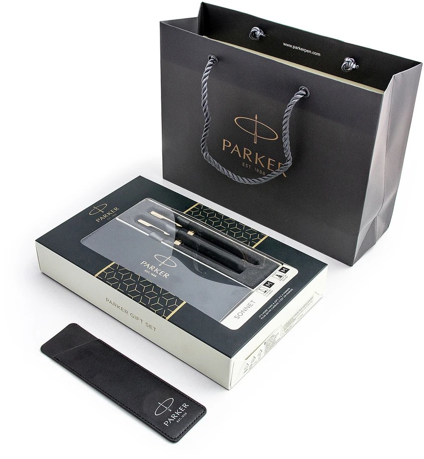 Parker Sonnet Juodas GT tušinuko ir tušinukų rinkinys su dovanų maišeliu ir dėklu