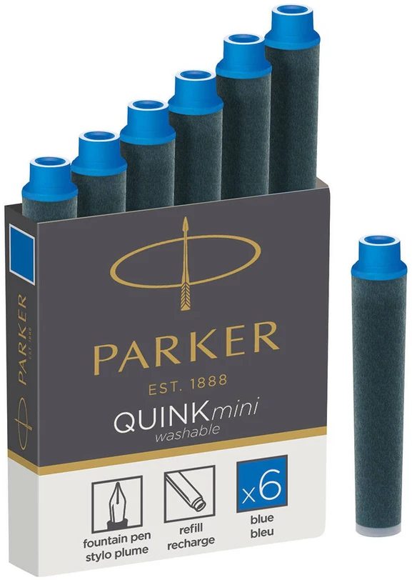 Rašalo kapsulės Parker, trumpos, mėlynos (6 vnt.)