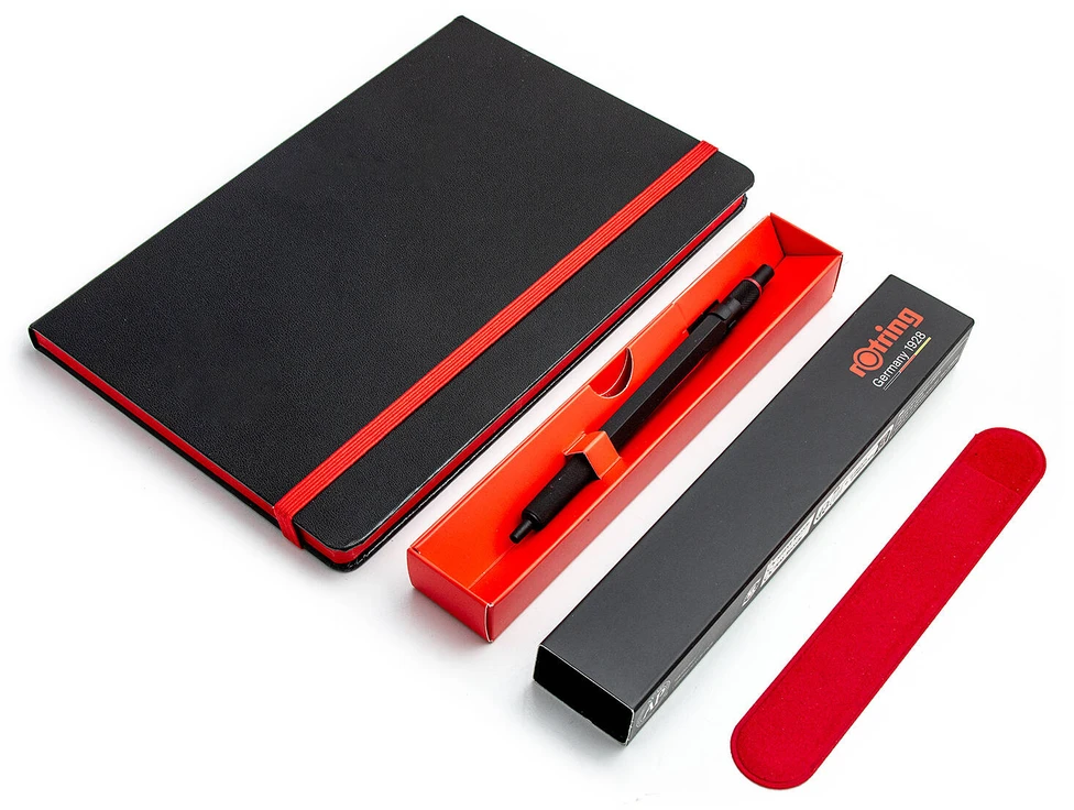 Rotring tušinukų rinkinys 600 su trintuku, užrašų knygute ir raudonu dėklu
